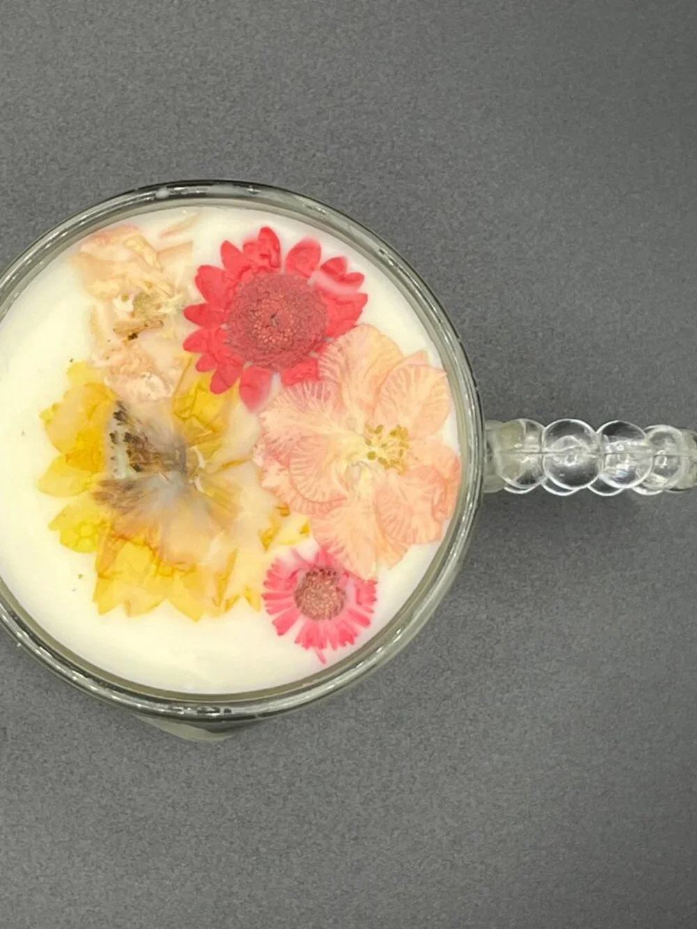 Wickless Pink & Yellow Floral Soy Candle in Clear Glass Mug with Beaded Handle